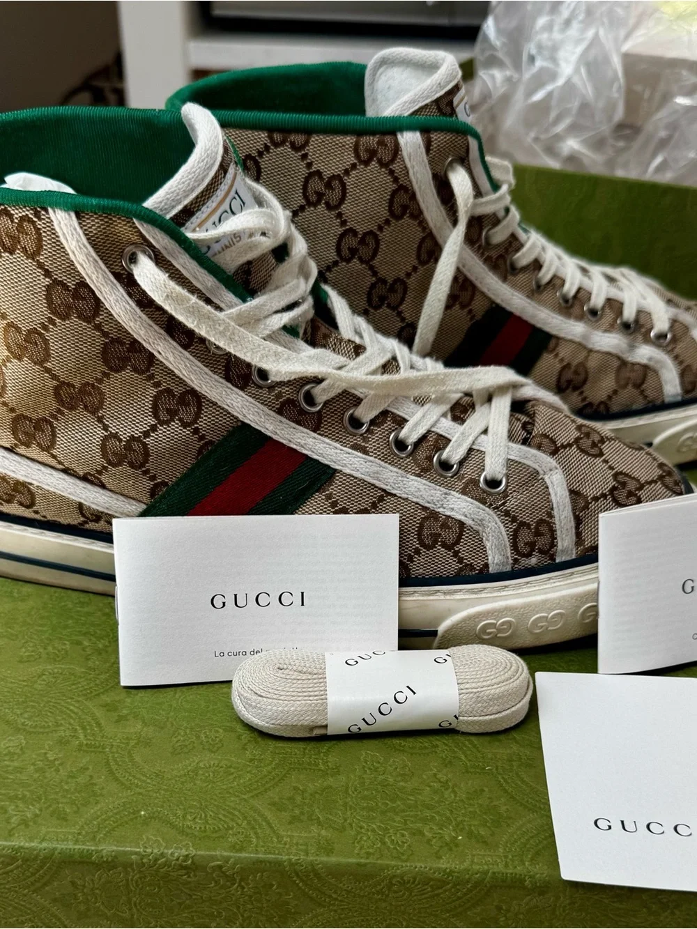Gucci Beige GG Canvas High-Top Sneakers with Green and Red Web